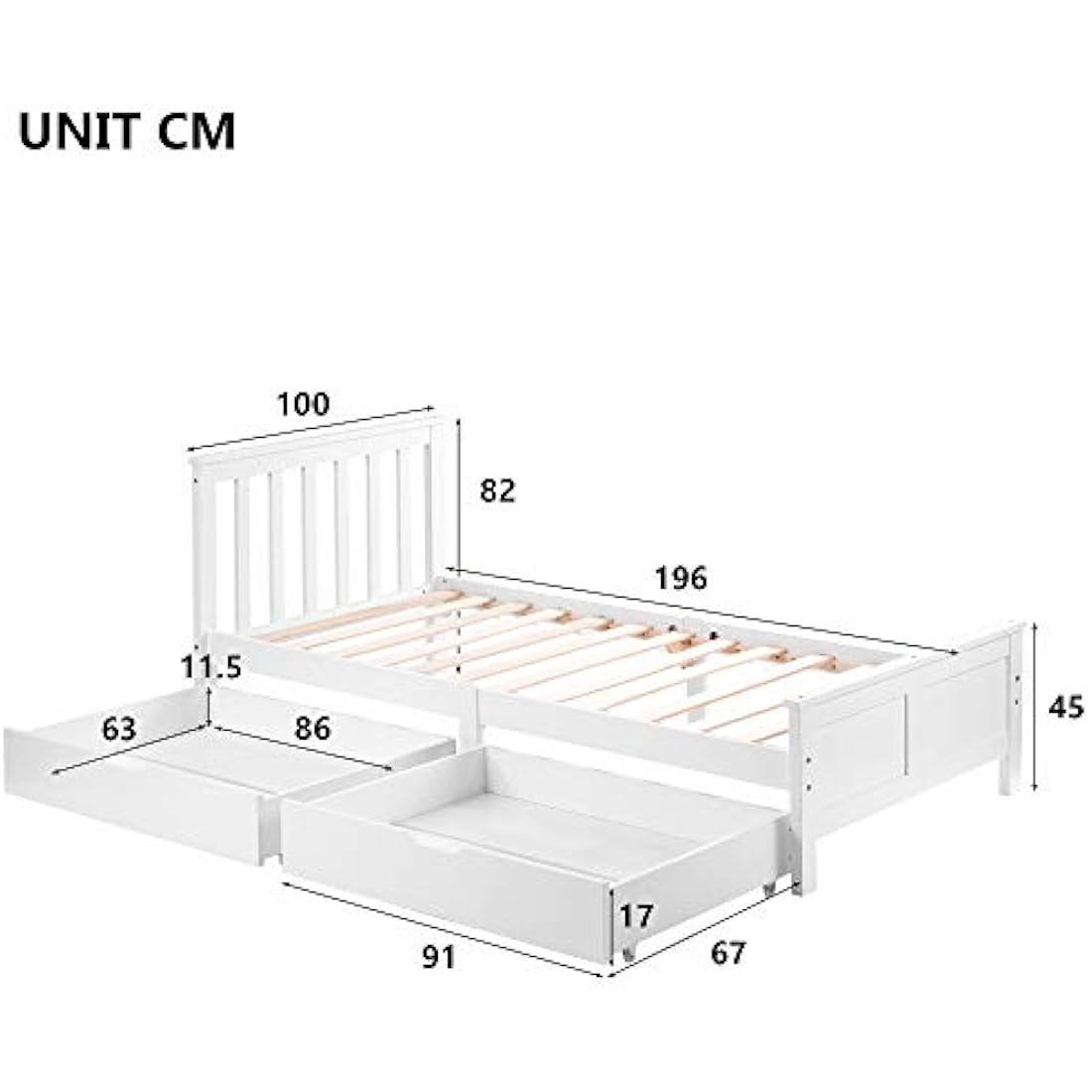 Jolof Store 3ft Single White Pine Storage Bed Frame with Drawers