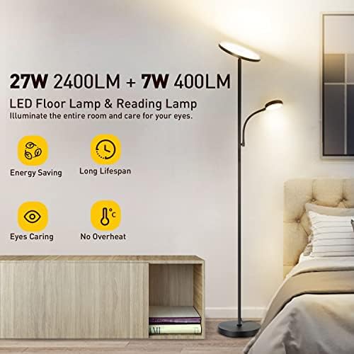 OUTON LED Floor Lamp with Reading Light | Dimmable Mother-Child Lamp, Black