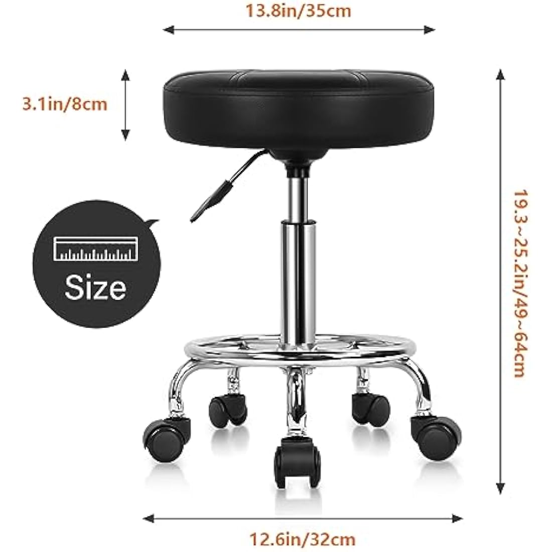 KKTONER Round Rolling Stool - Adjustable PU Leather Swivel Salon Chair