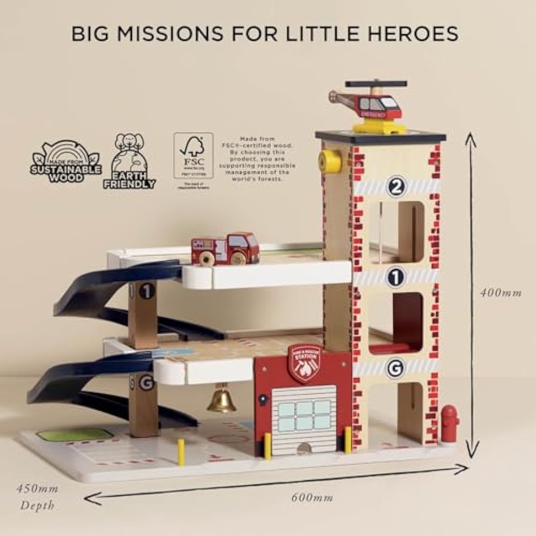 Le Toy Van Wooden 3 Storey Fire & Rescue Garage Toy Car Play Set