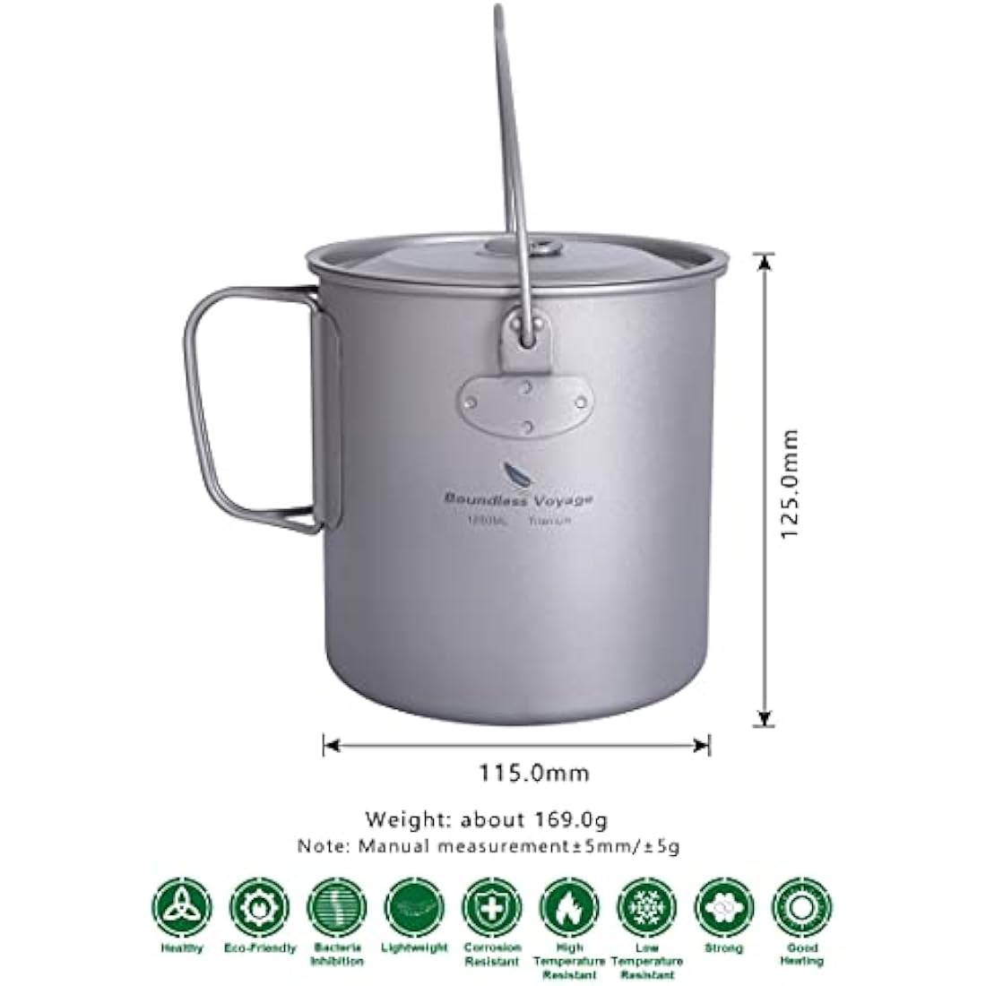 iBasingo 1250ml Titanium Camping Mug | Ultralight Outdoor Pot with Lid