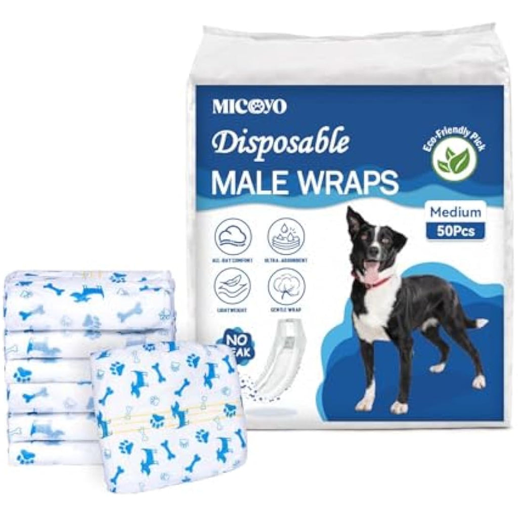 MICOOYO Male Dog Diapers | Super Absorbent Disposable Belly Bands - 50 Pack