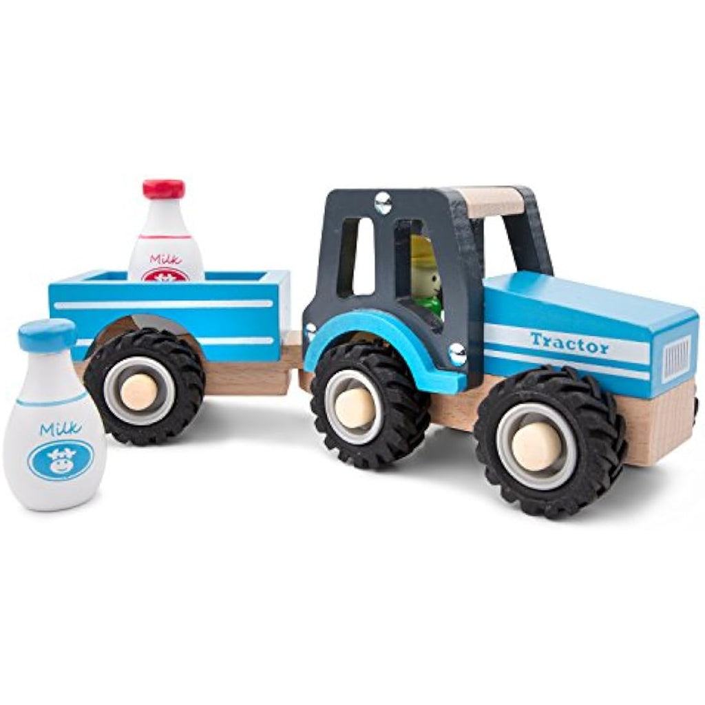 New Classic Toys Wooden Tractor with Trailer & Milk Bottles - Blue