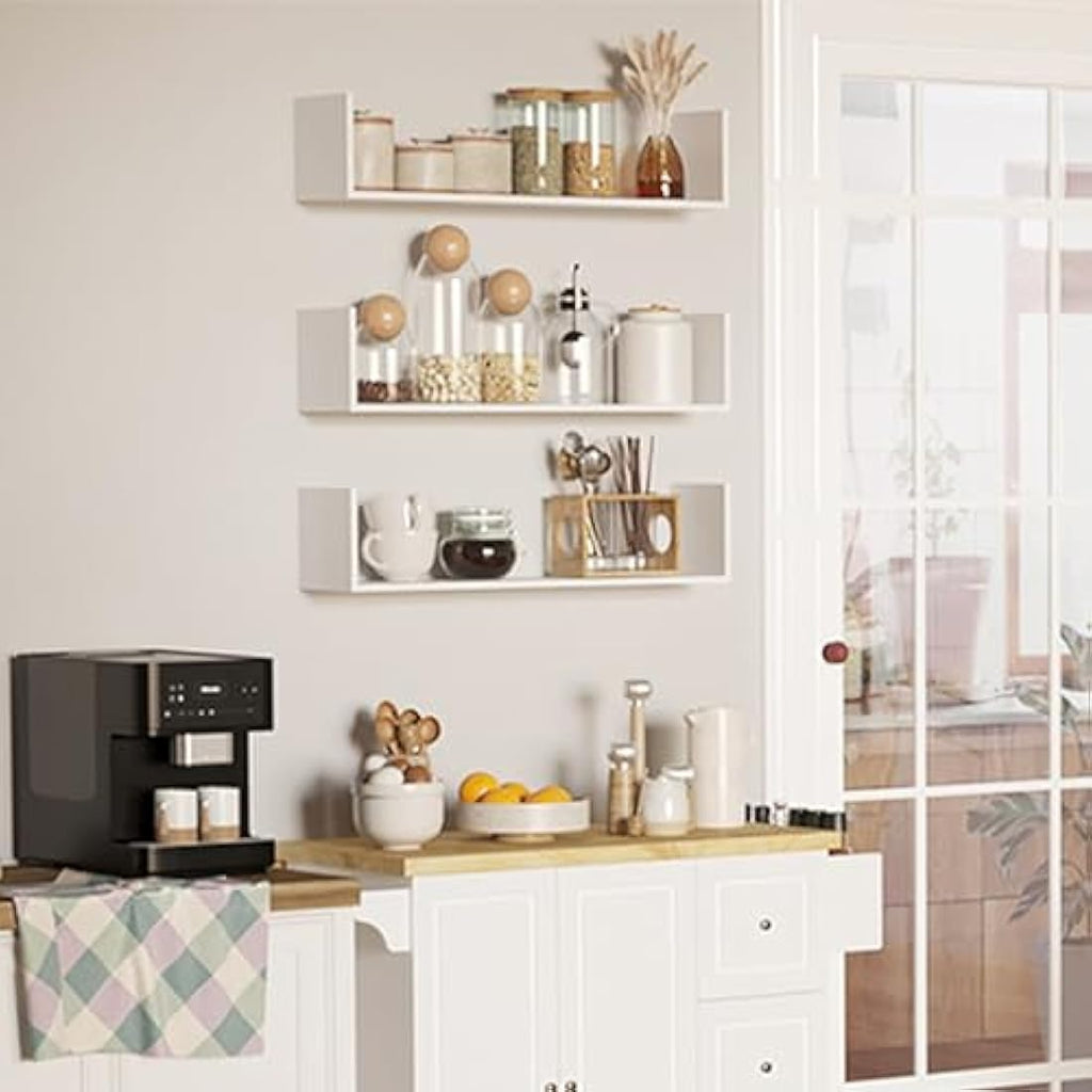 HOMCOM Set of 3 U-Shaped Floating Shelves – White Wooden Wall Storage