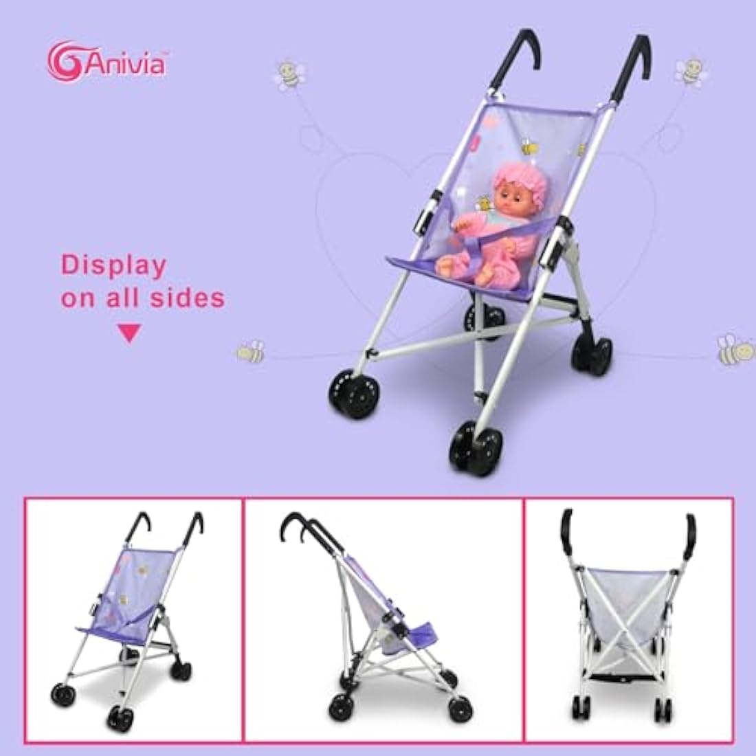 Anivia Foldable Doll Stroller – Pink Heart Design Toy for Toddlers