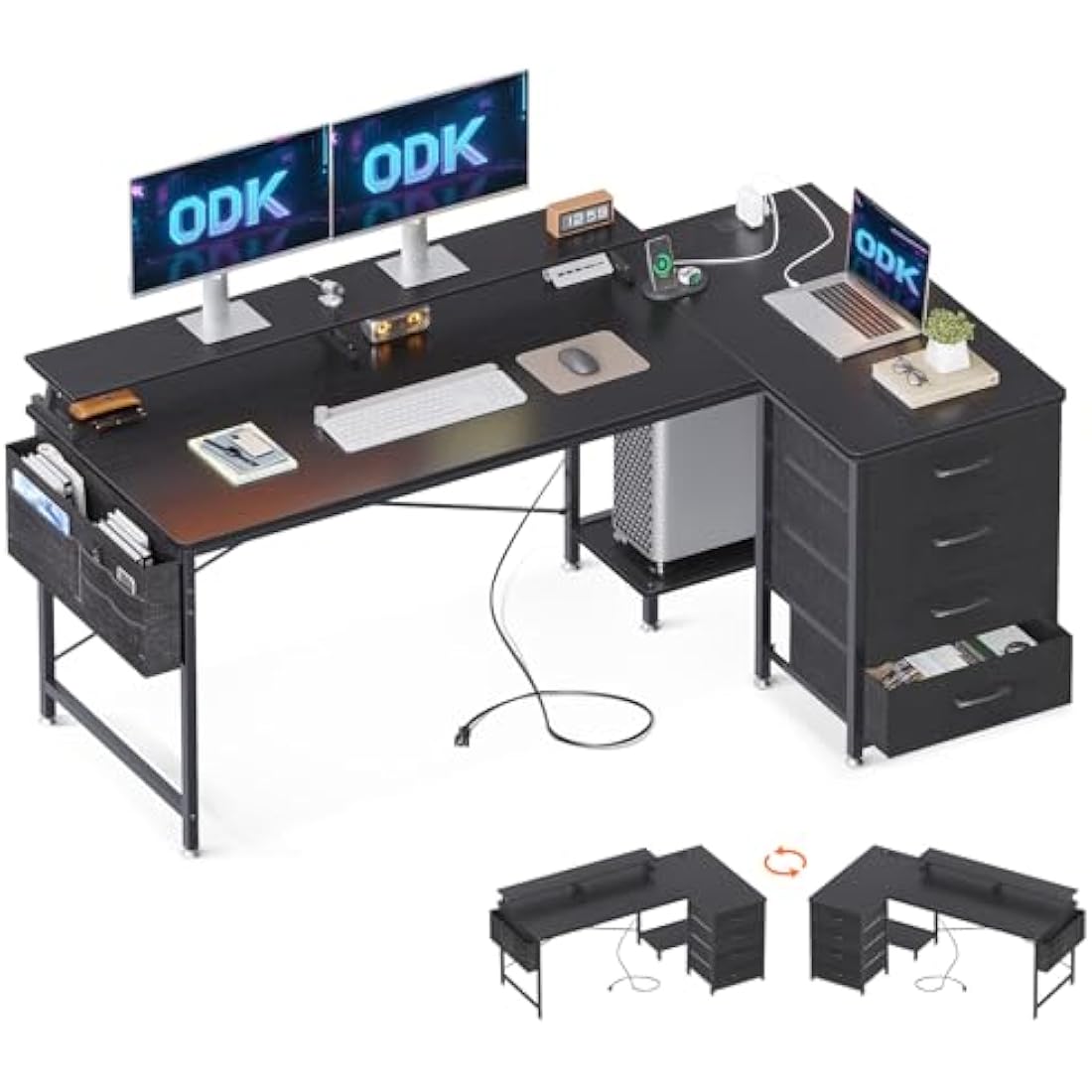 ODK L-Shaped Corner Desk with Drawers, Power Outlets & Monitor Stand