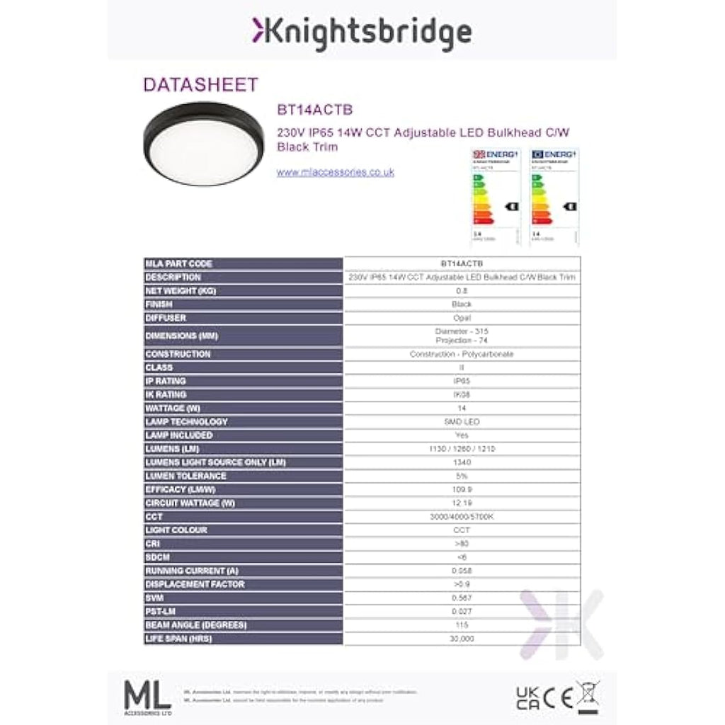Knightsbridge 14W LED Bathroom Bulkhead | IP65 CCT Adjustable Black Trim