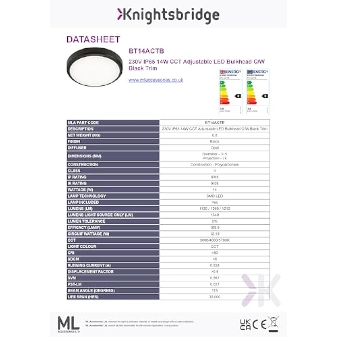 Knightsbridge 14W LED Bathroom Bulkhead | IP65 CCT Adjustable Black Trim