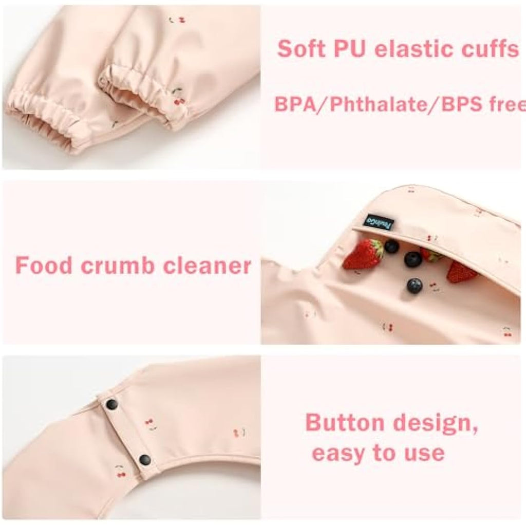 PewinGo Long Sleeve Weaning Bib – Waterproof PU Baby Coverall (Pink)
