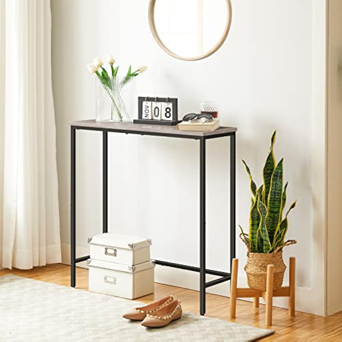 HOOBRO Slim Console Table - Industrial Metal Entryway Sofa Table, Greige