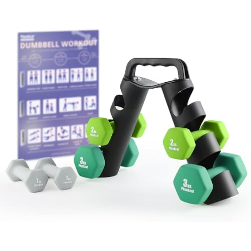 PhysKcal Neoprene Dumbbells Set with Rack - 1kg, 2kg, 3kg Hand Weights