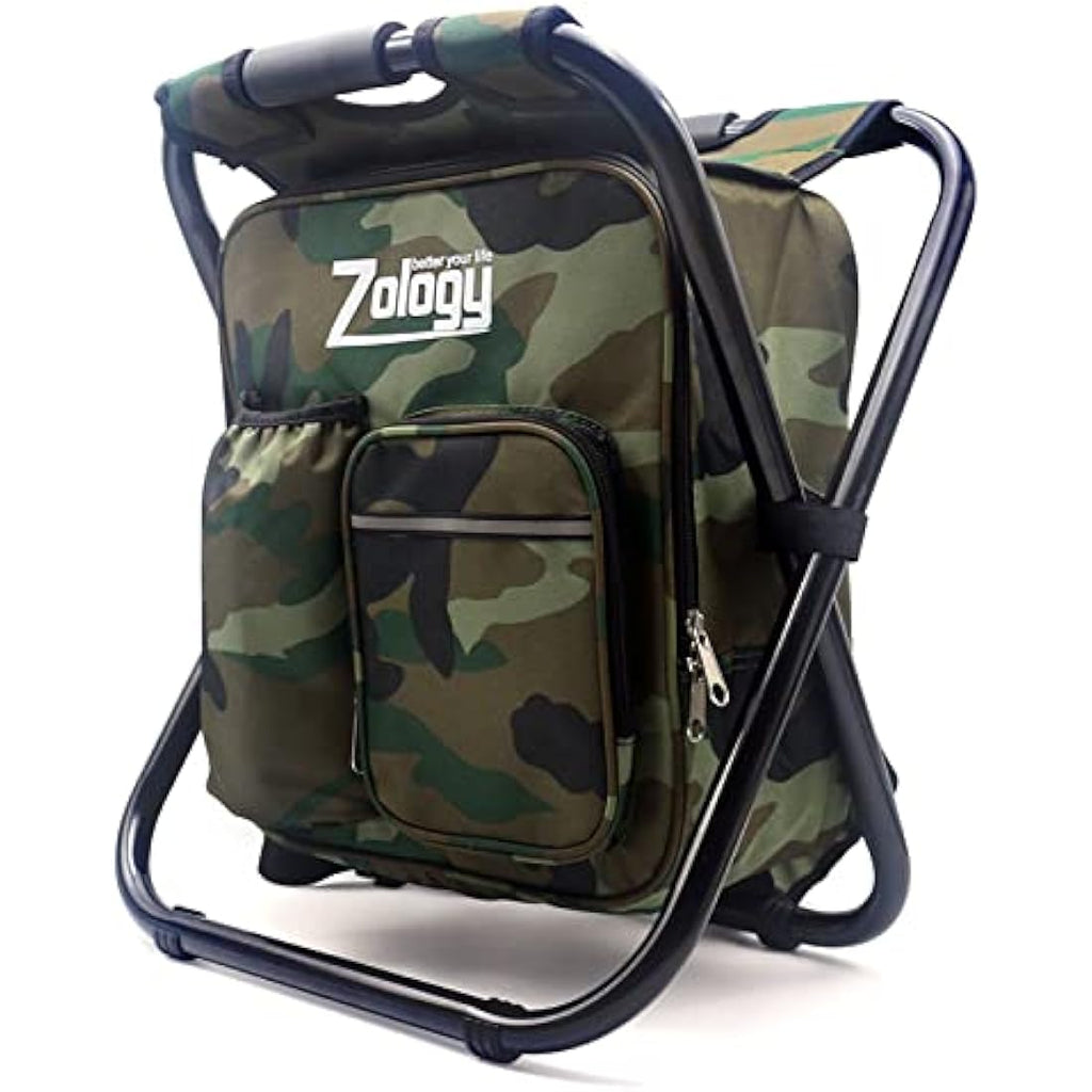 Zology Folding Backpack Chair with Cooler – Camouflage Camping Stool