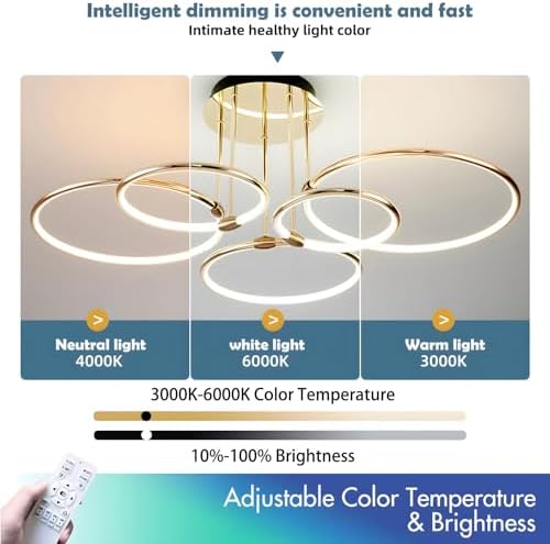 YYUTLUO Modern LED Ceiling Light – 108W Gold 5-Ring Dimmable Chandelier