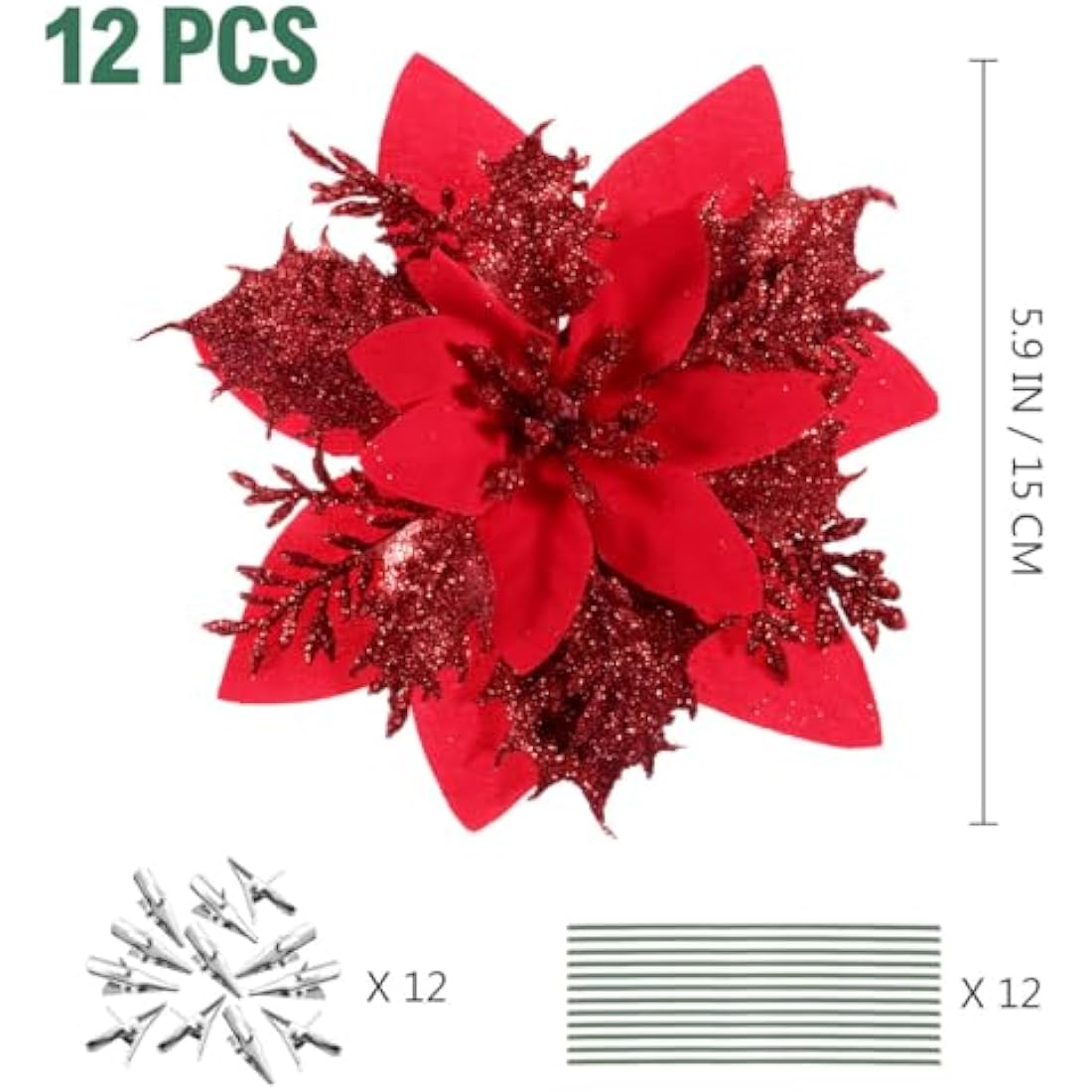 12 Pack Red Glitter Poinsettia Artificial Christmas Flowers
