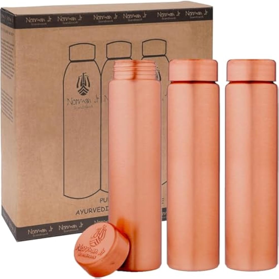 Pure Copper Water Bottle - 550ml Slim Ayurvedic Vessel (3 Pack)