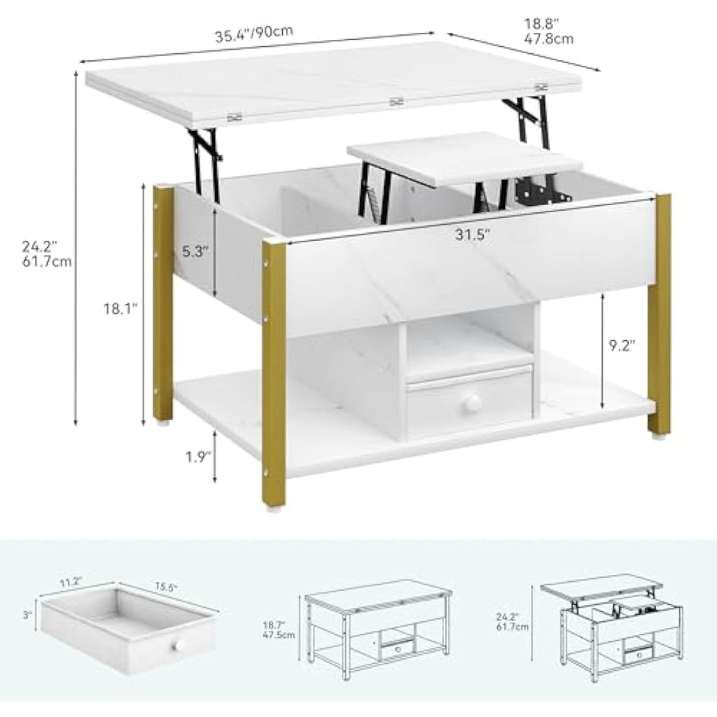 Lift Top Coffee Table - 4-in-1 Convertible Storage Desk, White