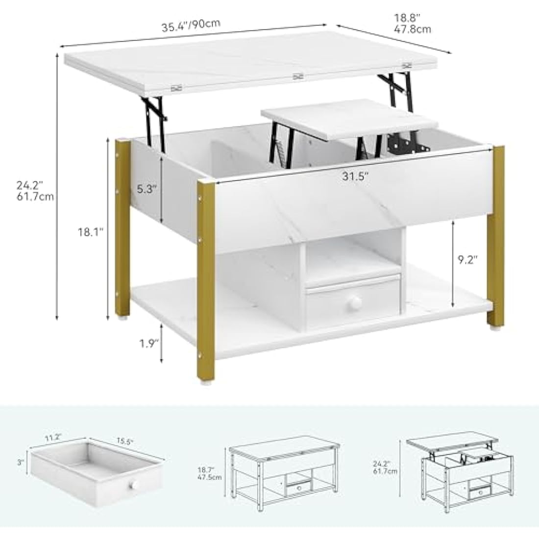 Lift Top Coffee Table - 4-in-1 Convertible Storage Desk, White