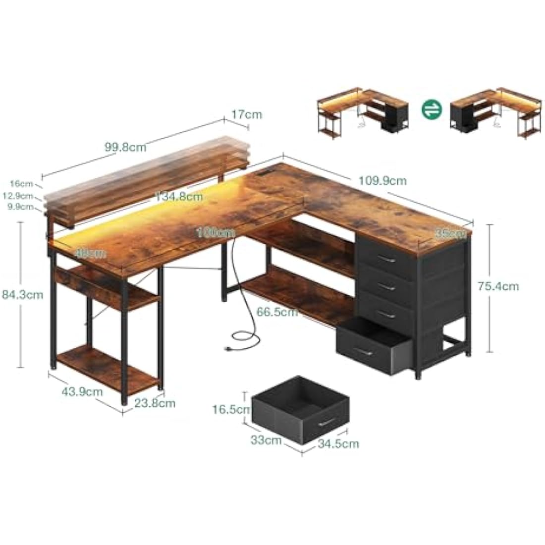 ODK L-Shaped Corner Gaming Desk with LED Lights & Drawers, Vintage