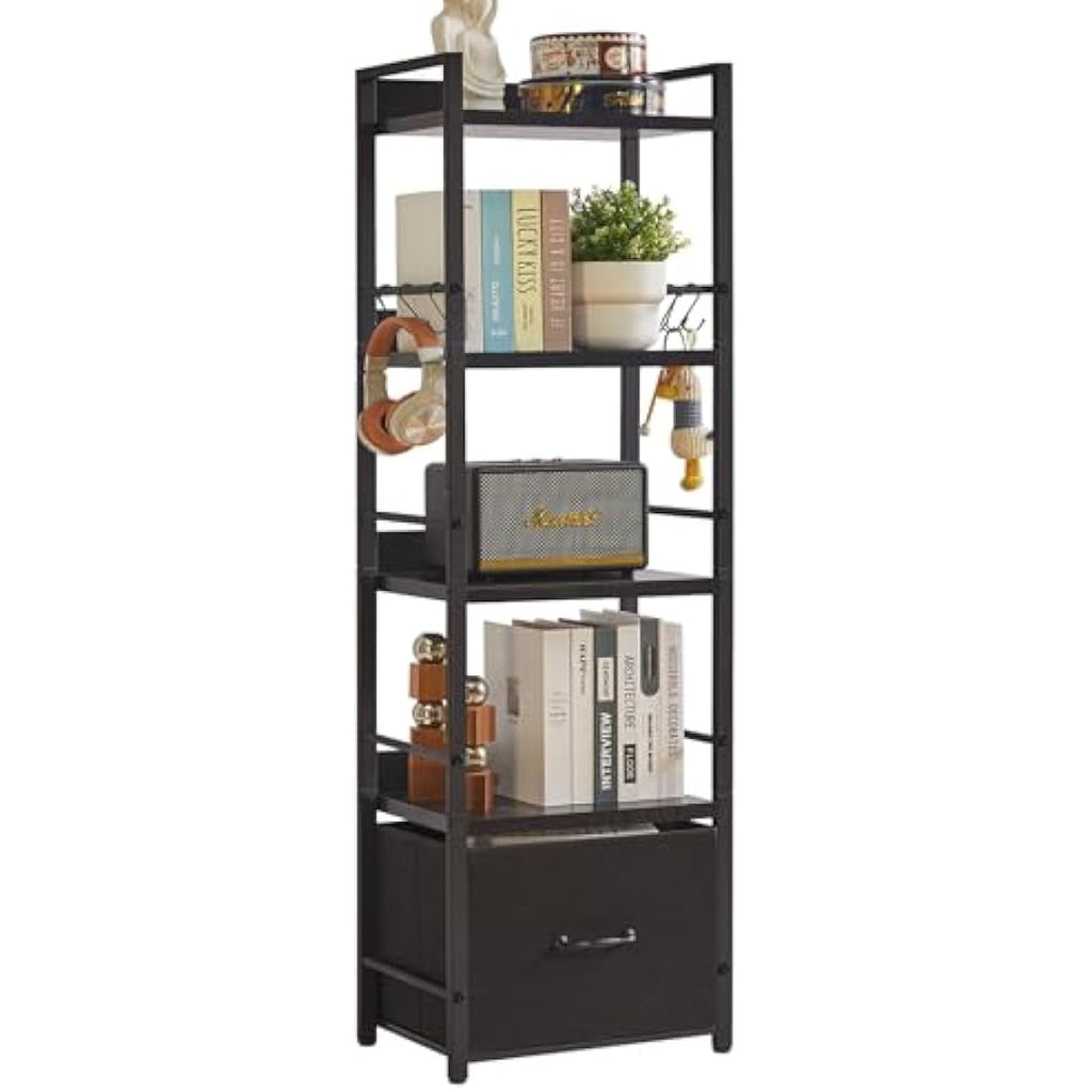 Aibiju 5-Tier Industrial Ladder Shelf – Narrow Metal Bookcase with Drawer
