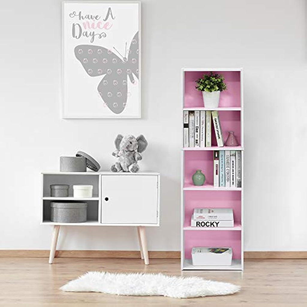 Furinno Luder 5-Tier Engineered Wood Open Shelf Bookcase, White/Pink