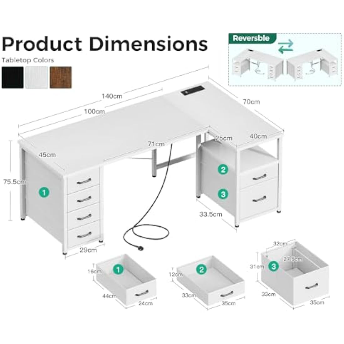 Coleshome L-Shaped Computer Desk with Power Outlet and 6 Drawers, White
