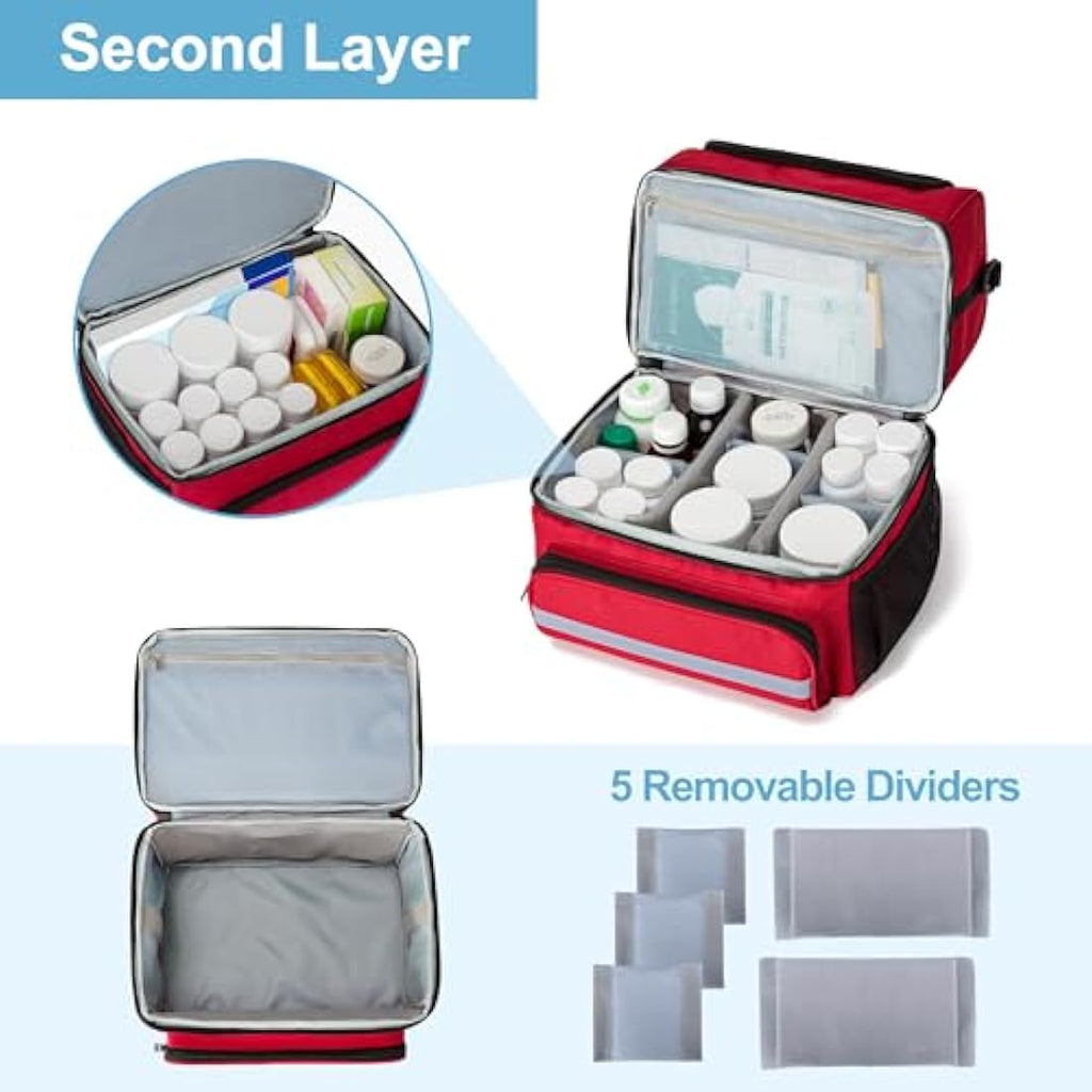 CURMIO Double Layer Medicine Storage Bag | Portable First Aid Organiser, Red