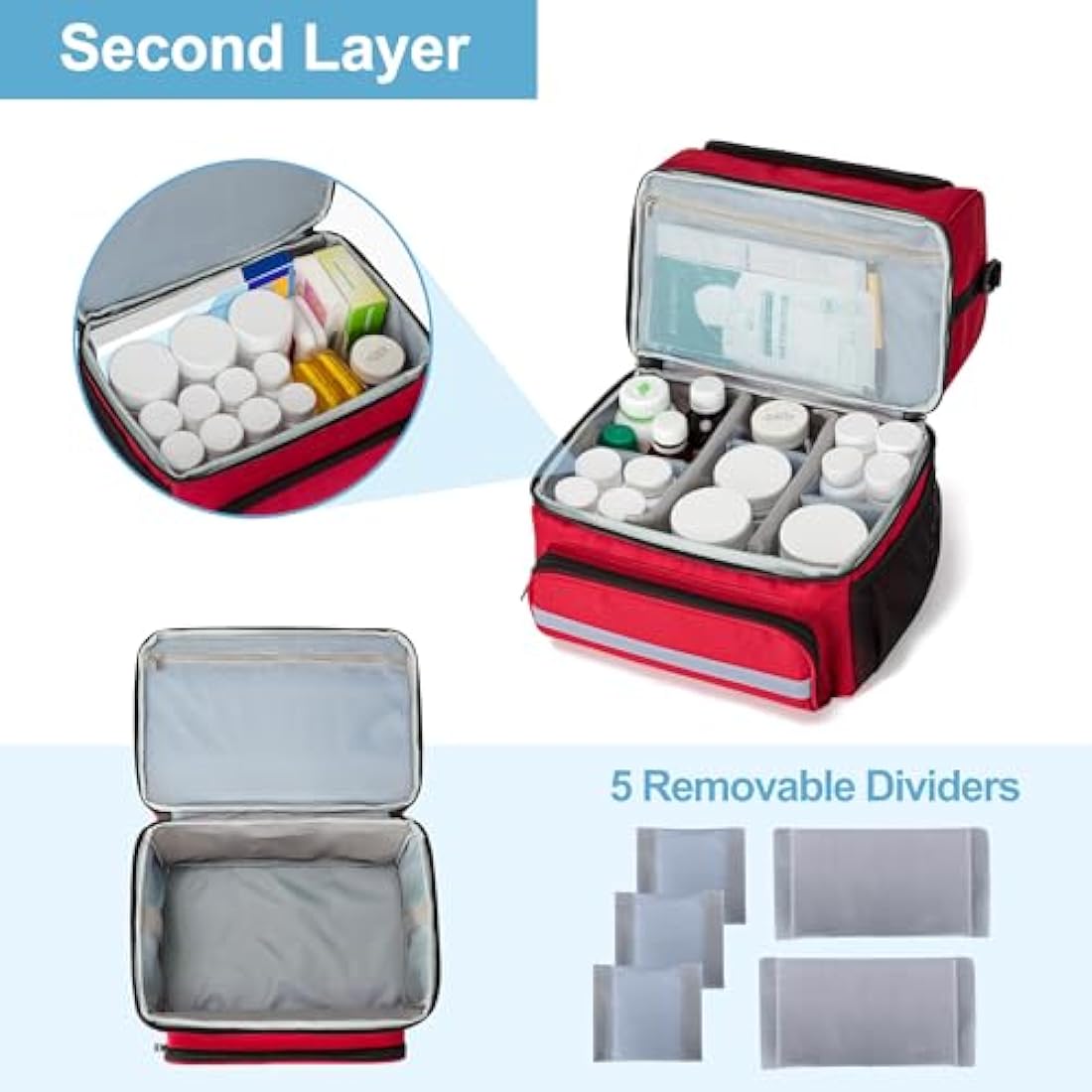 CURMIO Double Layer Medicine Storage Bag | Portable First Aid Organiser, Red