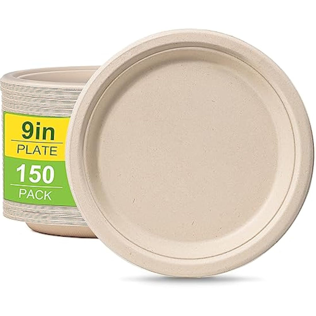 Jolof Store 9 Inch Sugarcane Paper Plates – 150 Pack Heavy Duty Brown