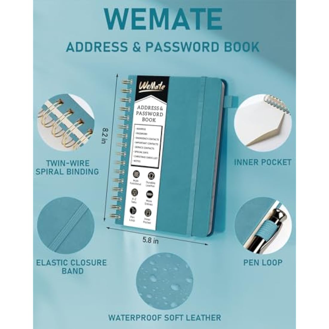 WEMATE Leather Address Book with Alphabetical Tabs - Green Hardcover