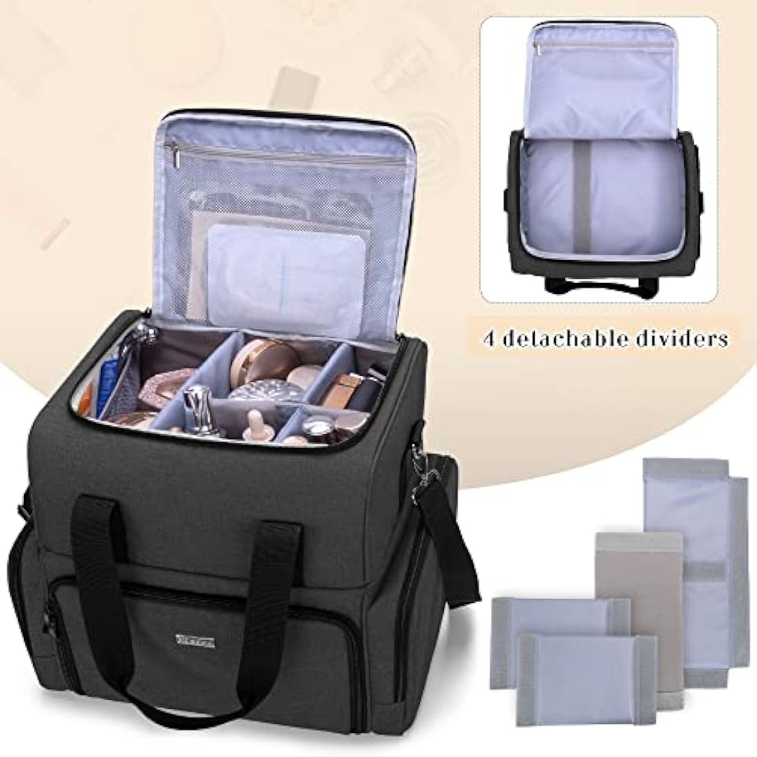 BAFASO 2-Layer Travel Makeup Bag with Removable Pouches - Black Nylon