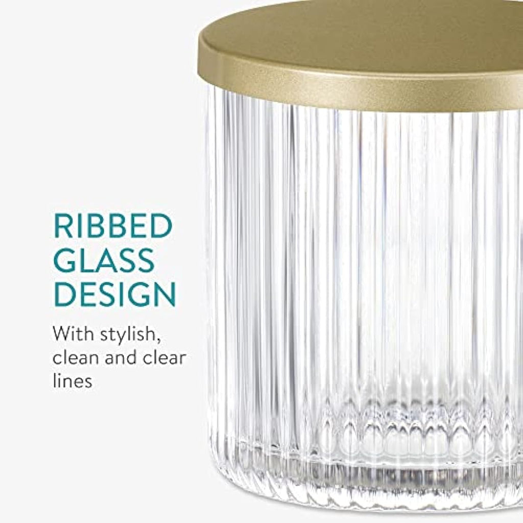 Navaris 4-Piece Ribbed Glass Bathroom Set | Clear & Gold Vanity Decor