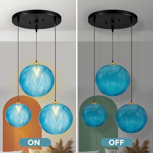 3-Light Blue Ribbed Glass Pendant Light | Modern Globe Chandelier