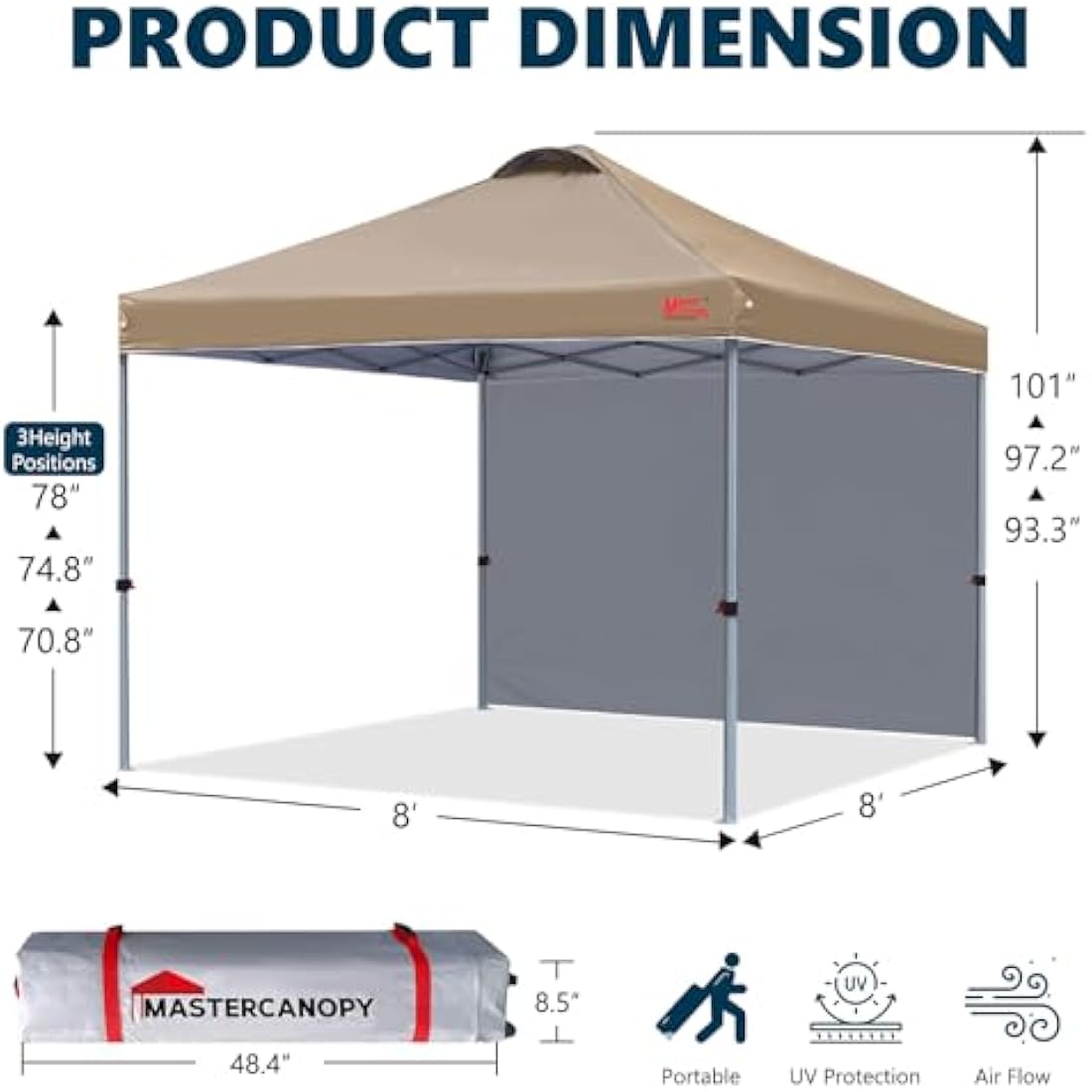 MasterCanopy 2.5x2.5M Pop-up Gazebo Tent with Sidewall - Khaki
