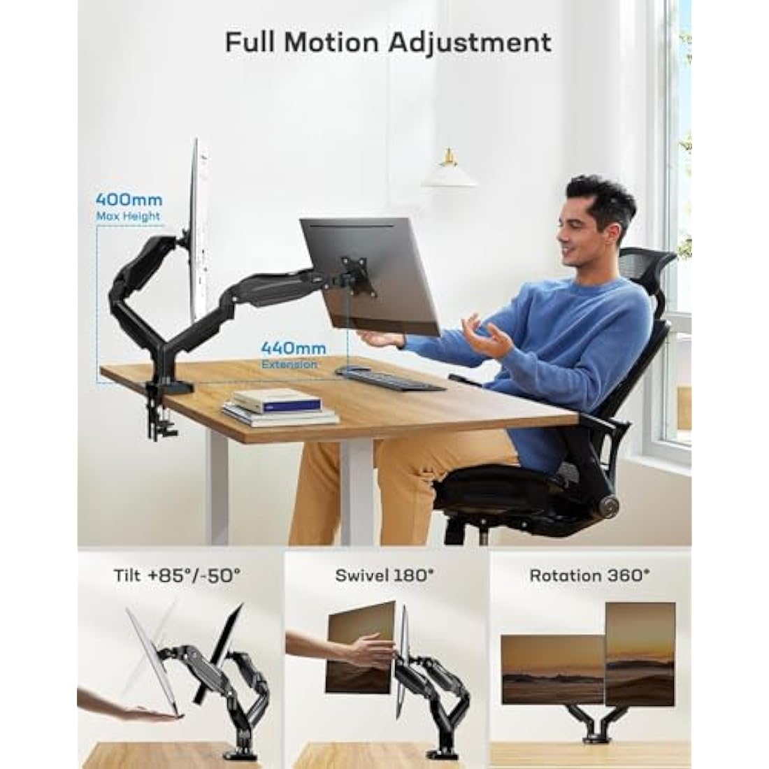 HUANUO Dual Monitor Arm – Adjustable Desk Mount for 13-32 Inch Screens