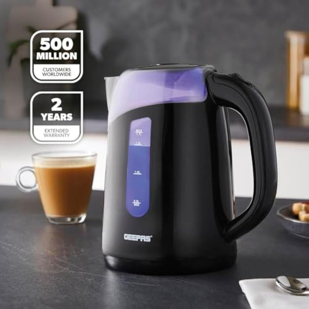 Geepas 1.7L Electric Kettle – LED Illuminating Cordless Jug, Black