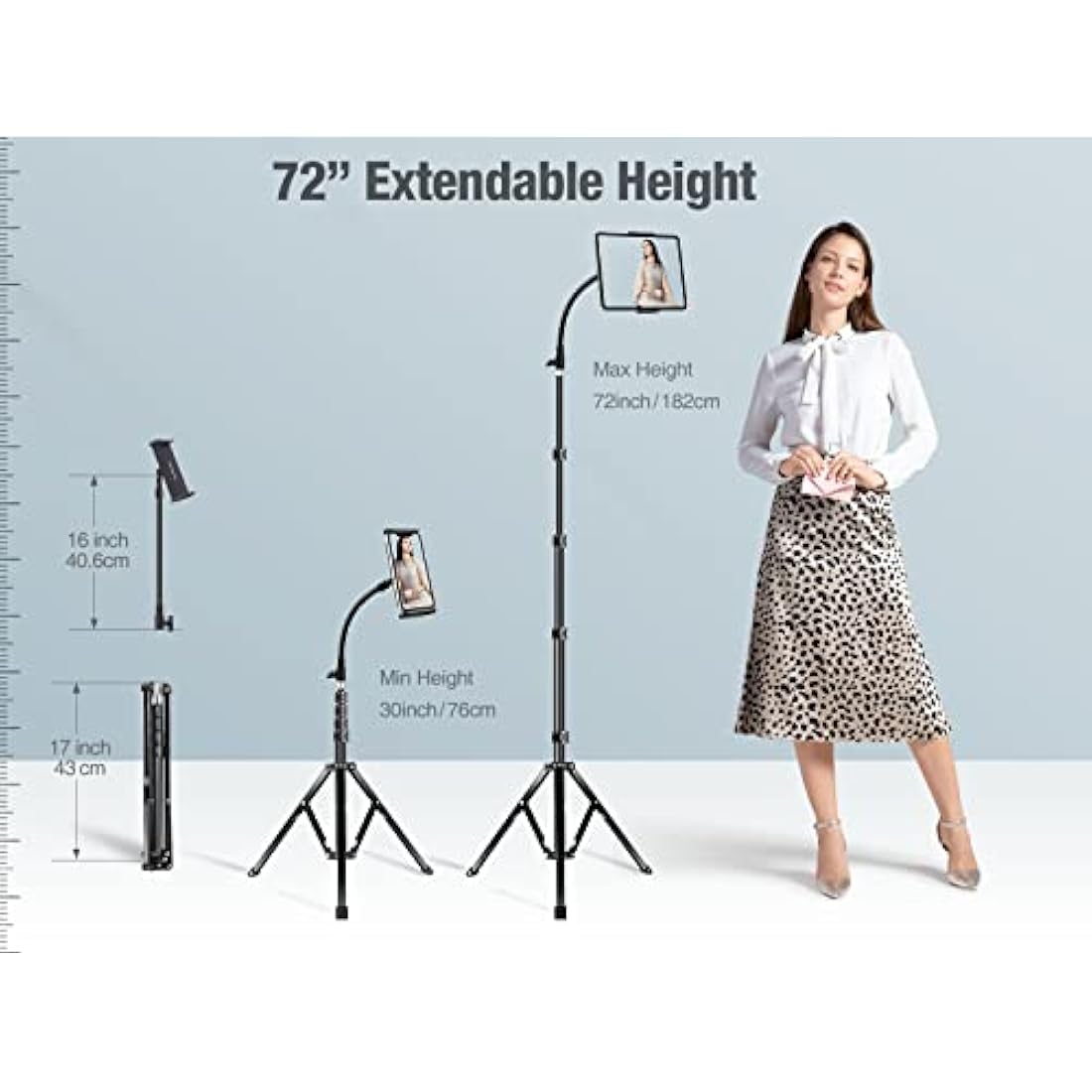 Elitehood 72” Gooseneck iPad Tripod Stand – Tall Tablet Floor Mount, Black