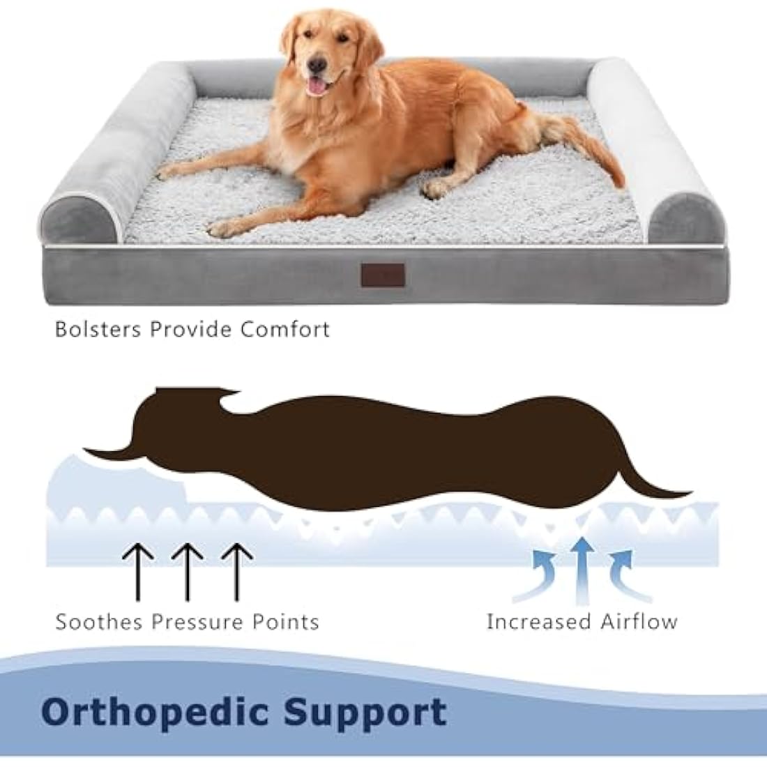WESTERN HOME Orthopedic Dog Bed | Large Waterproof Bolster Sofa - Grey