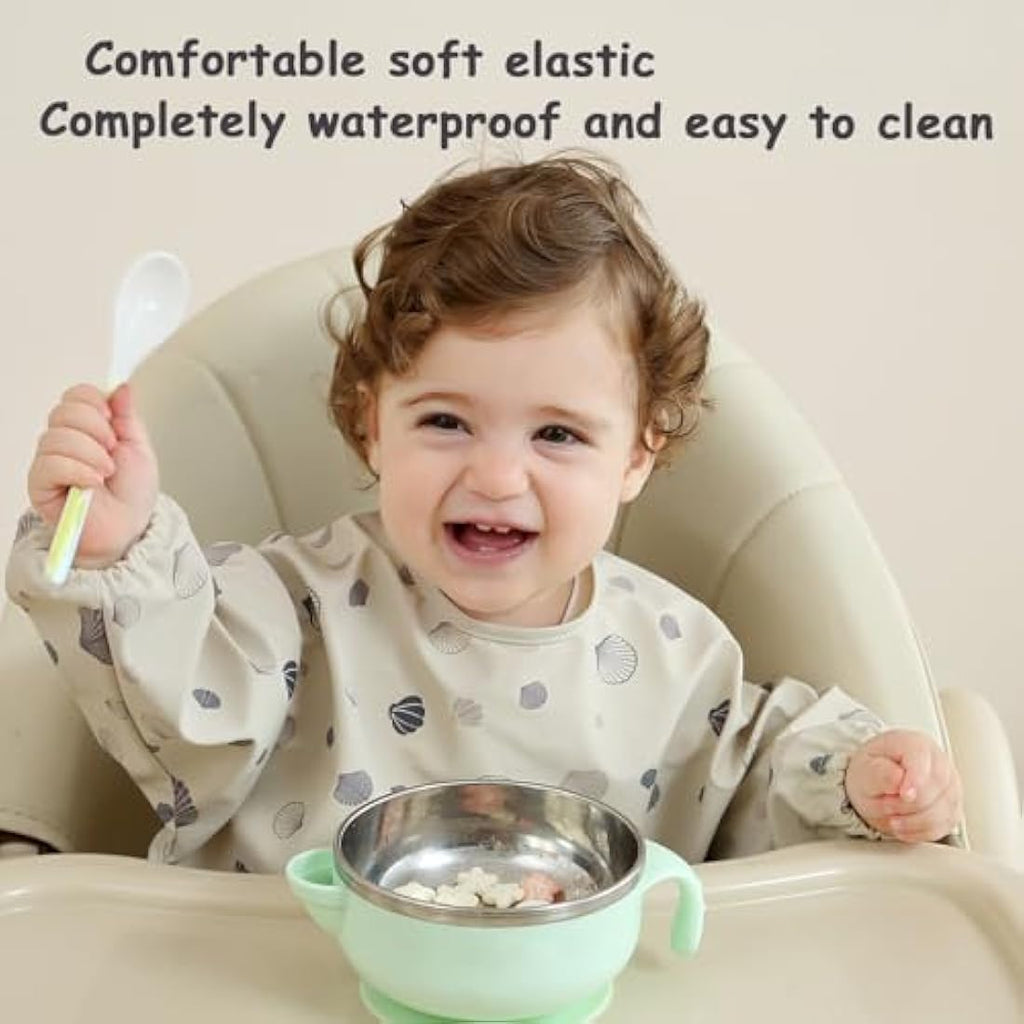 PewinGo Long Sleeve Weaning Bib – Waterproof Baby Coverall Bib, Beige