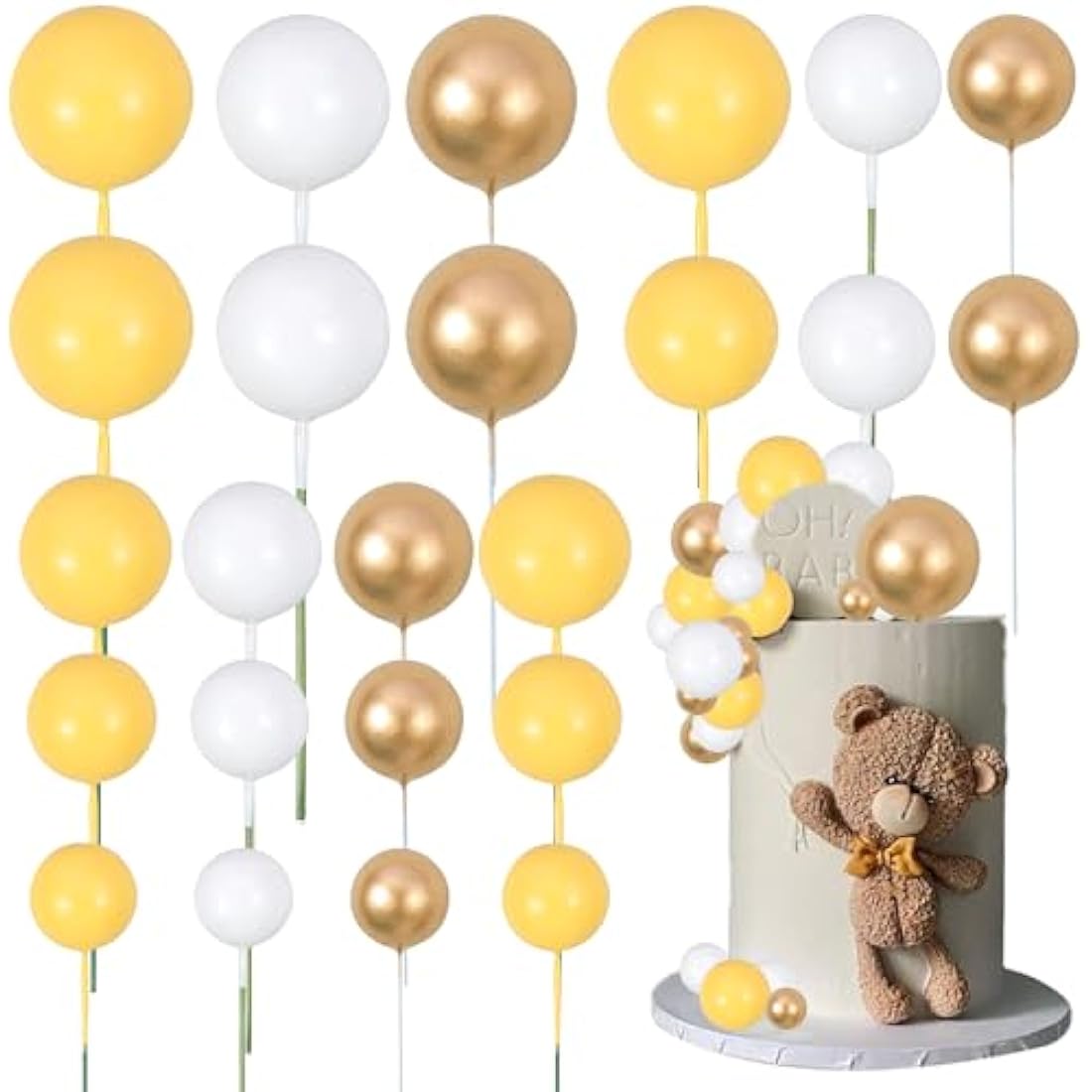 Gyufise 30Pcs Foam Ball Cake Toppers – Yellow Gold White Cupcake Decor