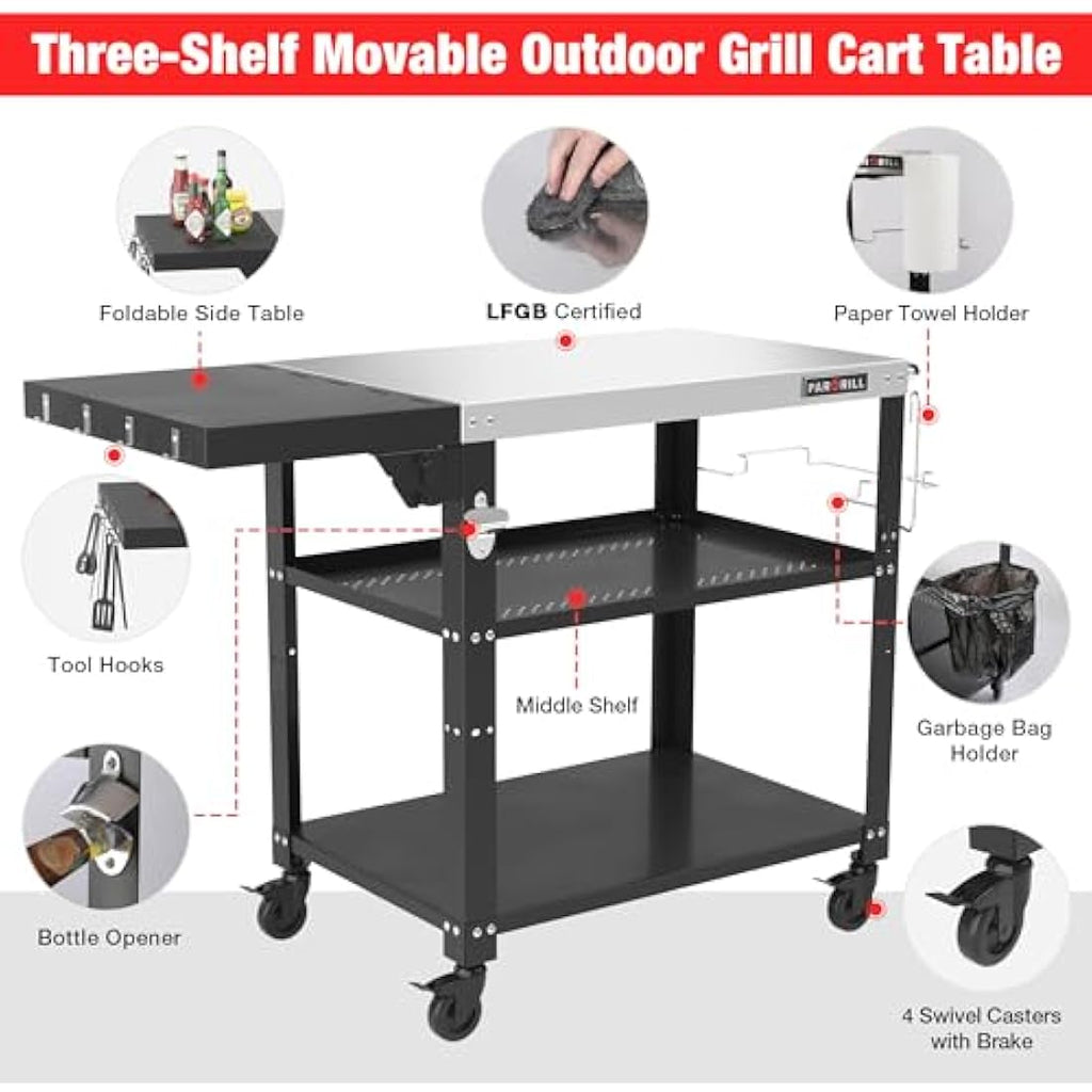 Jolof Store 3-Tier Outdoor Grill Dining Cart | Stainless Steel Prep Table