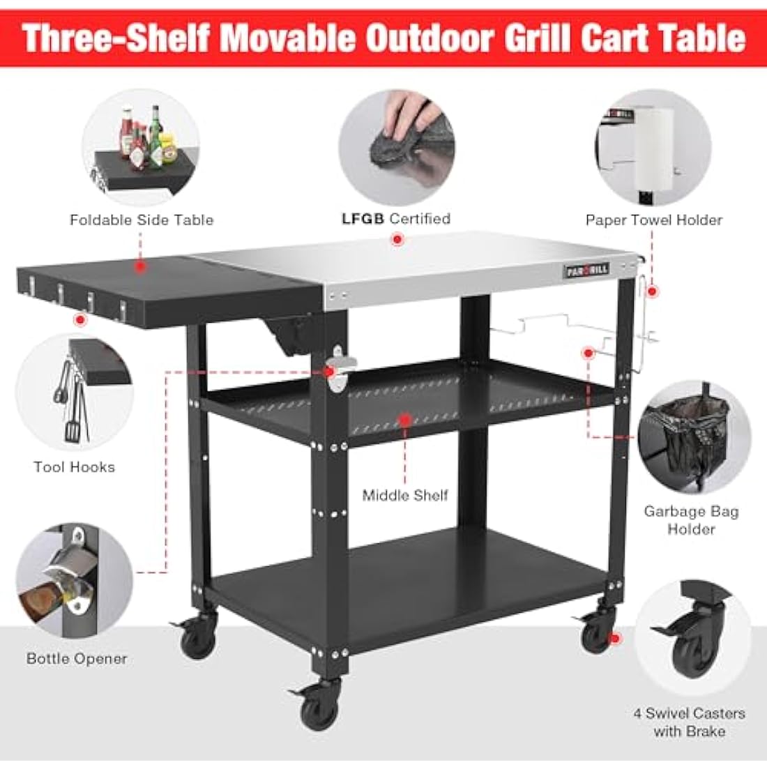 Jolof Store 3-Tier Outdoor Grill Dining Cart | Stainless Steel Prep Table