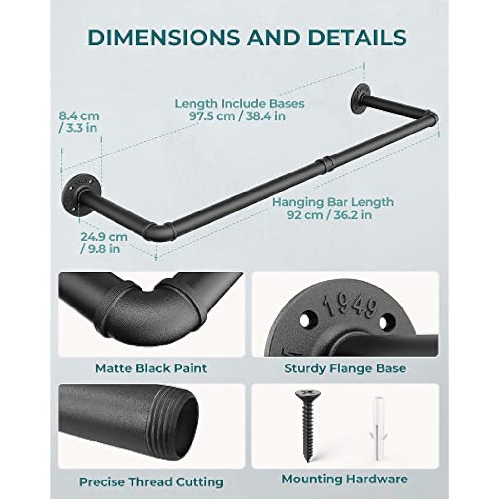 OROPY Industrial Pipe Clothes Bar Rack | Set of 2 Wall Mounted Rails