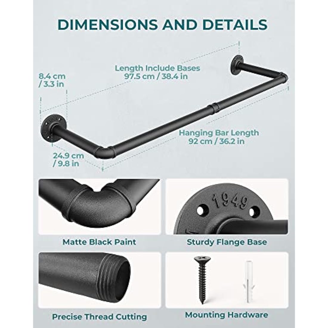 OROPY Industrial Pipe Clothes Bar Rack | Set of 2 Wall Mounted Rails