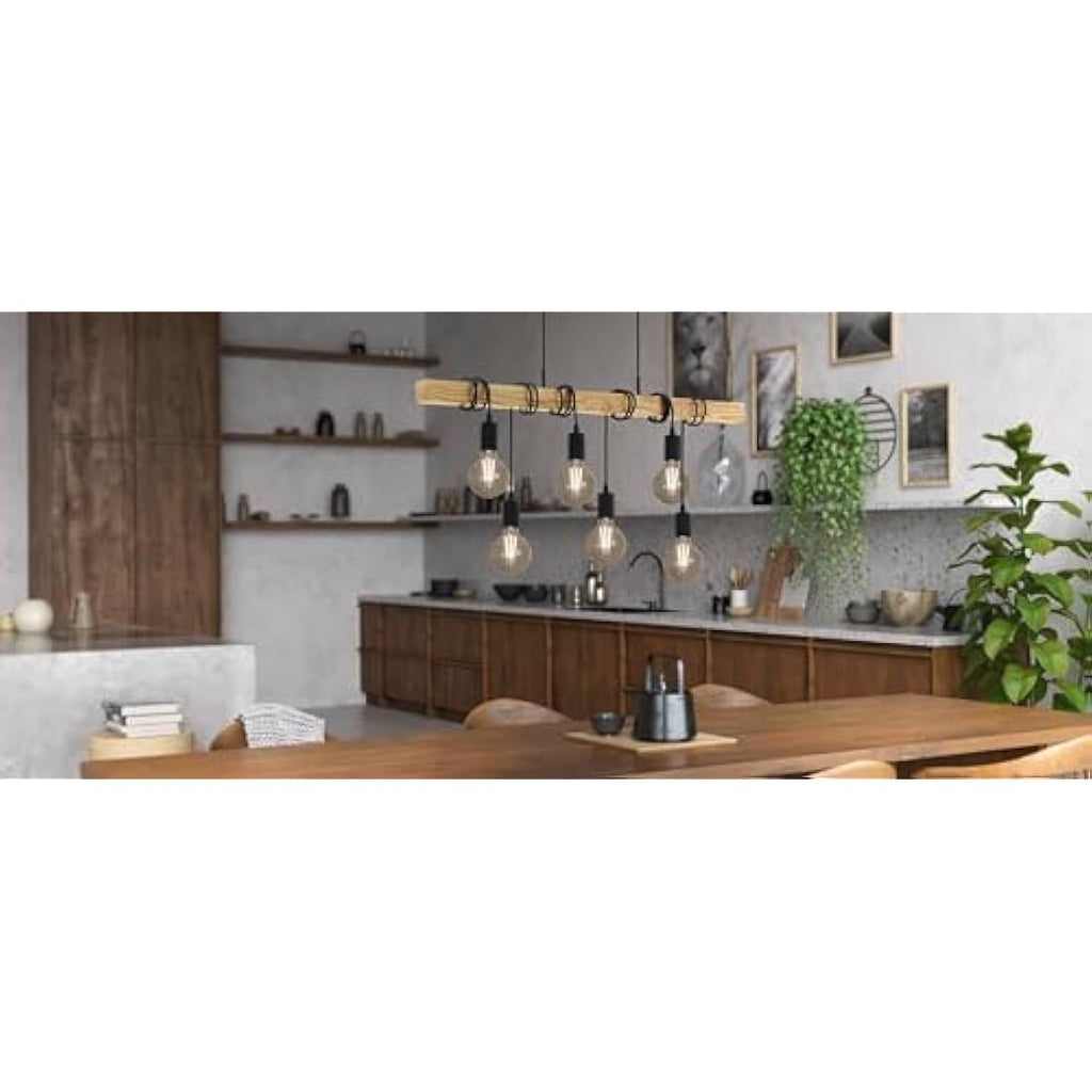Eglo Townshend 6-Light Industrial Pendant – Wood & Black Metal