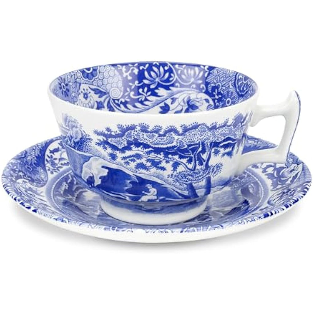 Spode Blue Italian Teacup and Saucer Set – 7oz Ceramic Fine China, 4pc