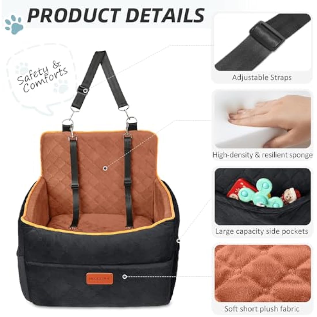 HEGGCOOE Memory Foam Dog Car Seat - Small/Medium Booster Bed - Black