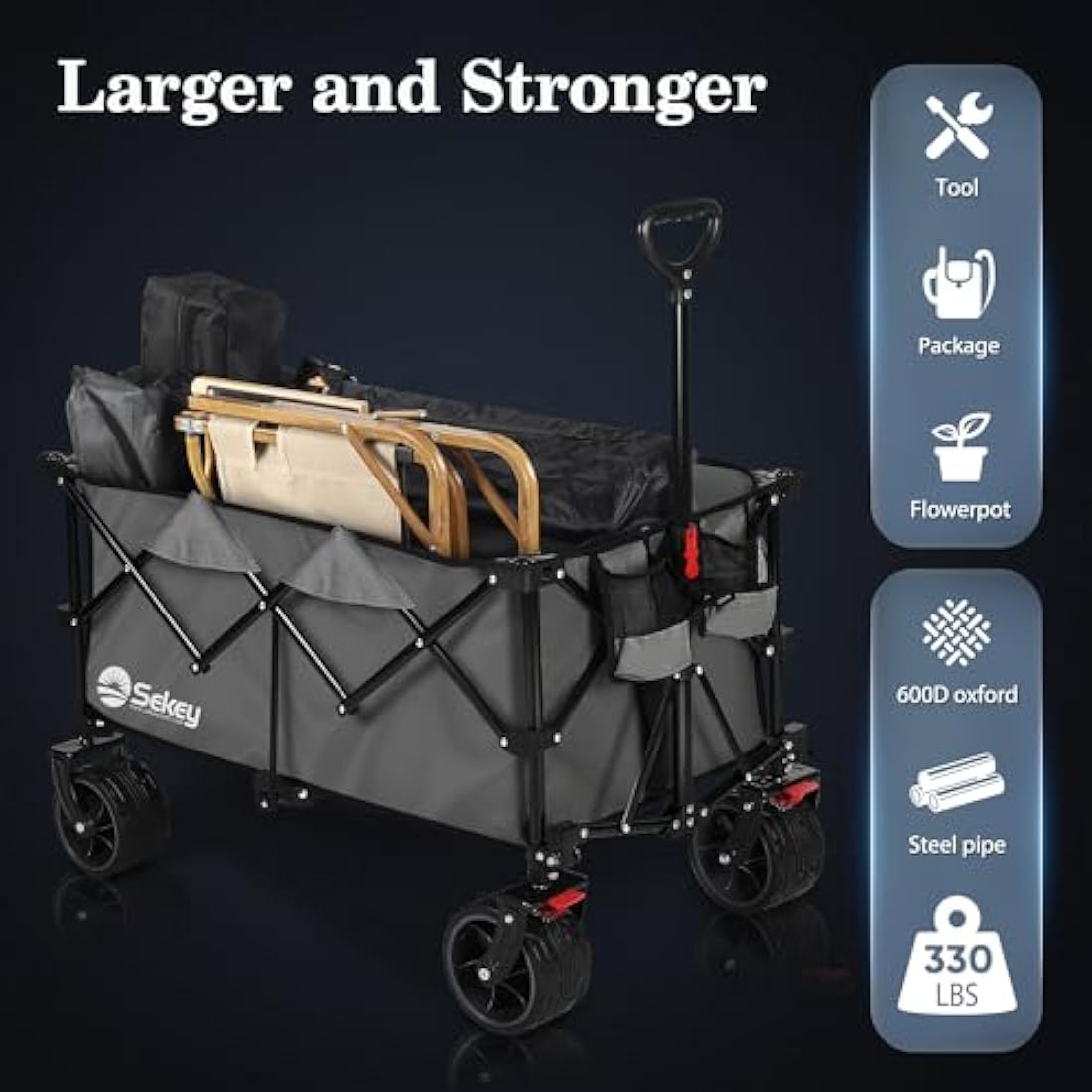 Sekey 200L Folding Wagon – Heavy-Duty All-Terrain Beach Trolley, Grey