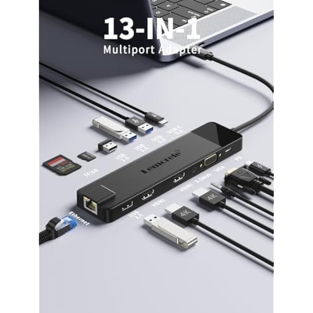 Lemorele 13-in-1 USB C Docking Station – Triple Display 4K HDMI & 100W PD
