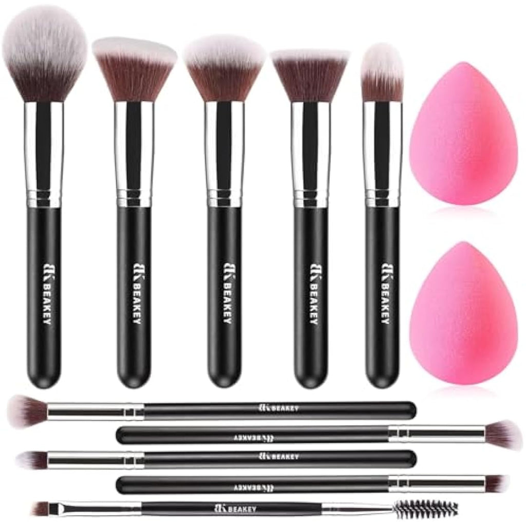 BEAKEY 12Pcs Makeup Brush Set with 2 Sponges | Synthetic Kabuki Kit