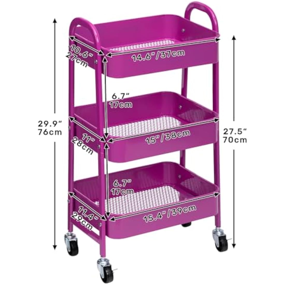 DOEWORKS 3-Tier Metal Rolling Utility Cart - Slim Storage Trolley, Purple